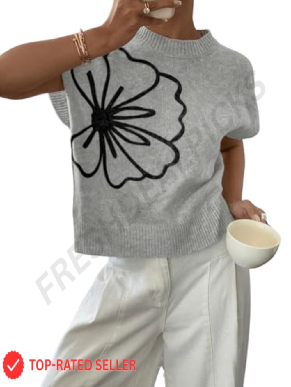 Floral Embroidered Knit Sweater Vest Cap Sleeve Crew Neck Boho Summer Top